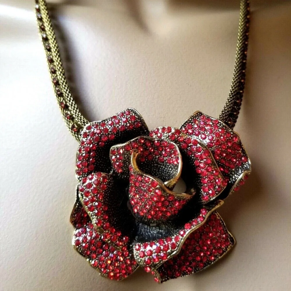 large red rhinestone pave rose flower necklace - Picture 7 of 8